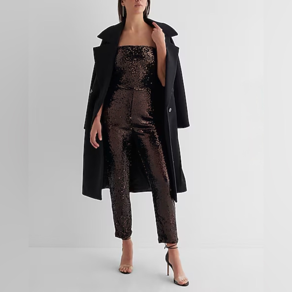 Express Sequin Strapless Straight Leg Jumpsuit In Deep Espresso Color Size M